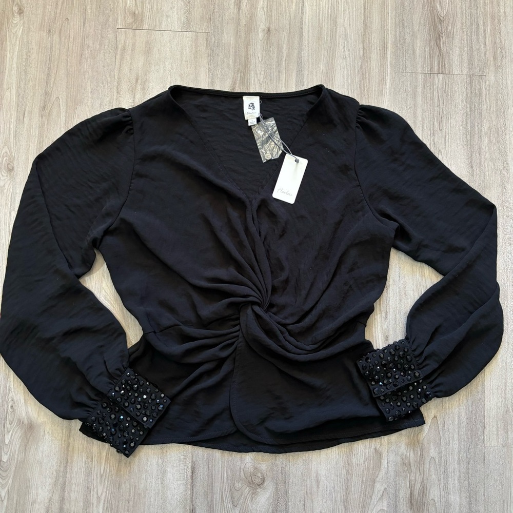 NEW Womens Black Long Sleeve‎ Rhinestone Front Knot Blouse Top Size Large NWT